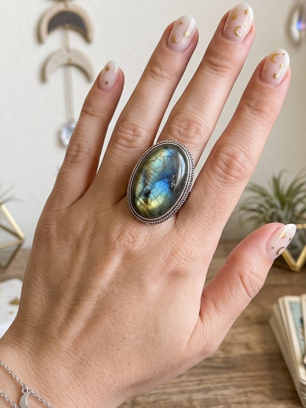 925 Sterling Genuine Labradorite Oval Statement Ring Blue Flash Filigree Sz 8
